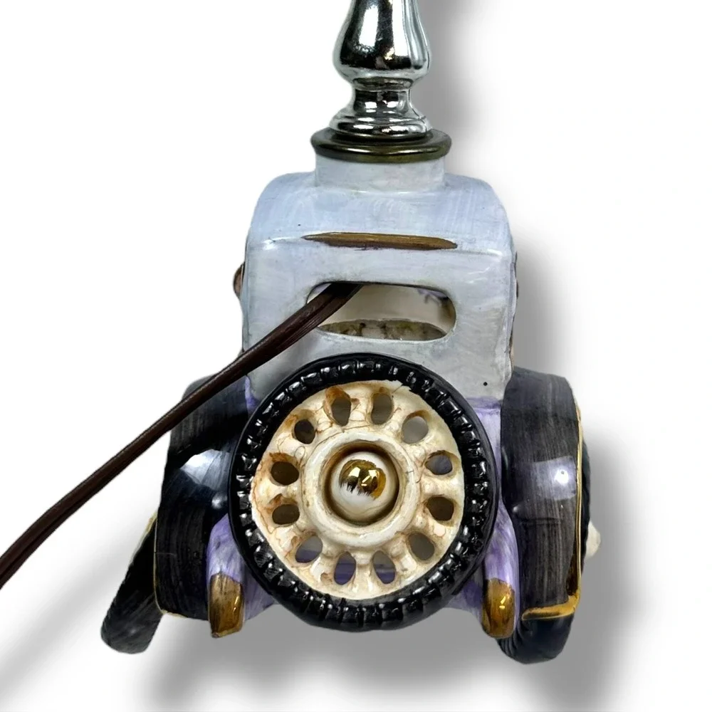 Vintage Ceramic Hand Painted Purple Antique Car Buggy Lamp 